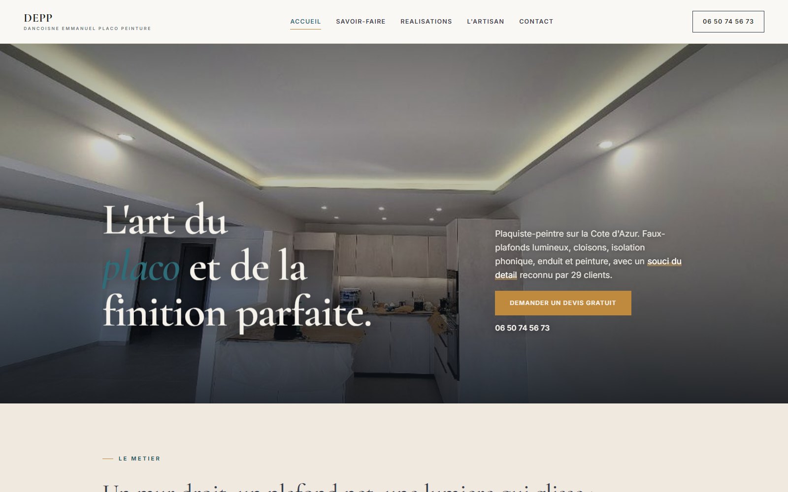 Aperçu du site DEPP, plaquiste-peintre placo, faux-plafonds et isolation sur la Côte d'Azur